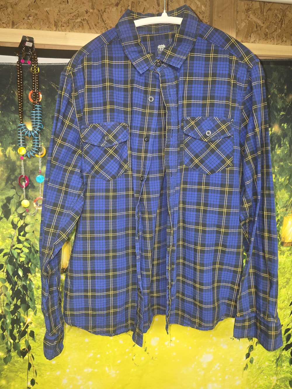 #154 Route 66 Blue Plaid Button-Down Shirt with Black and Yellow Trim